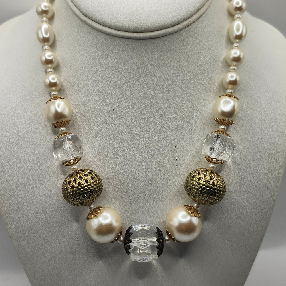 Vintage Faux Pearl and Crystal Bead Necklace Gold Tone Filigree Accents